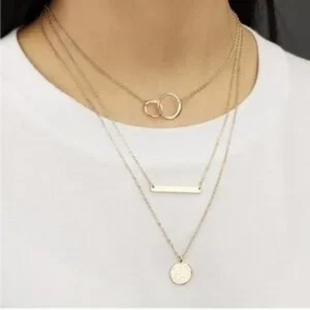 Gold 14k Gold Plated 3pc Bar Linked Chain Disc Necklace Set - Picture 2 of 4